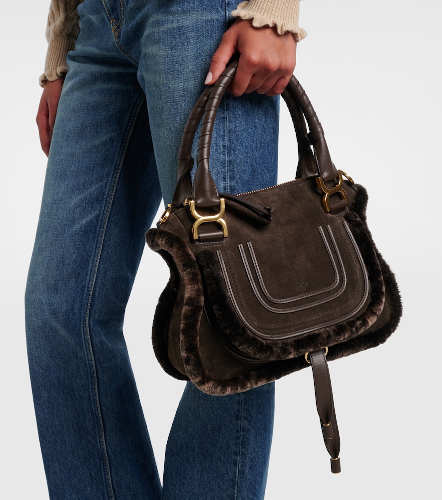 Chloé Marcie Small Shearling-trimmed Suede Tote Bag In Brown