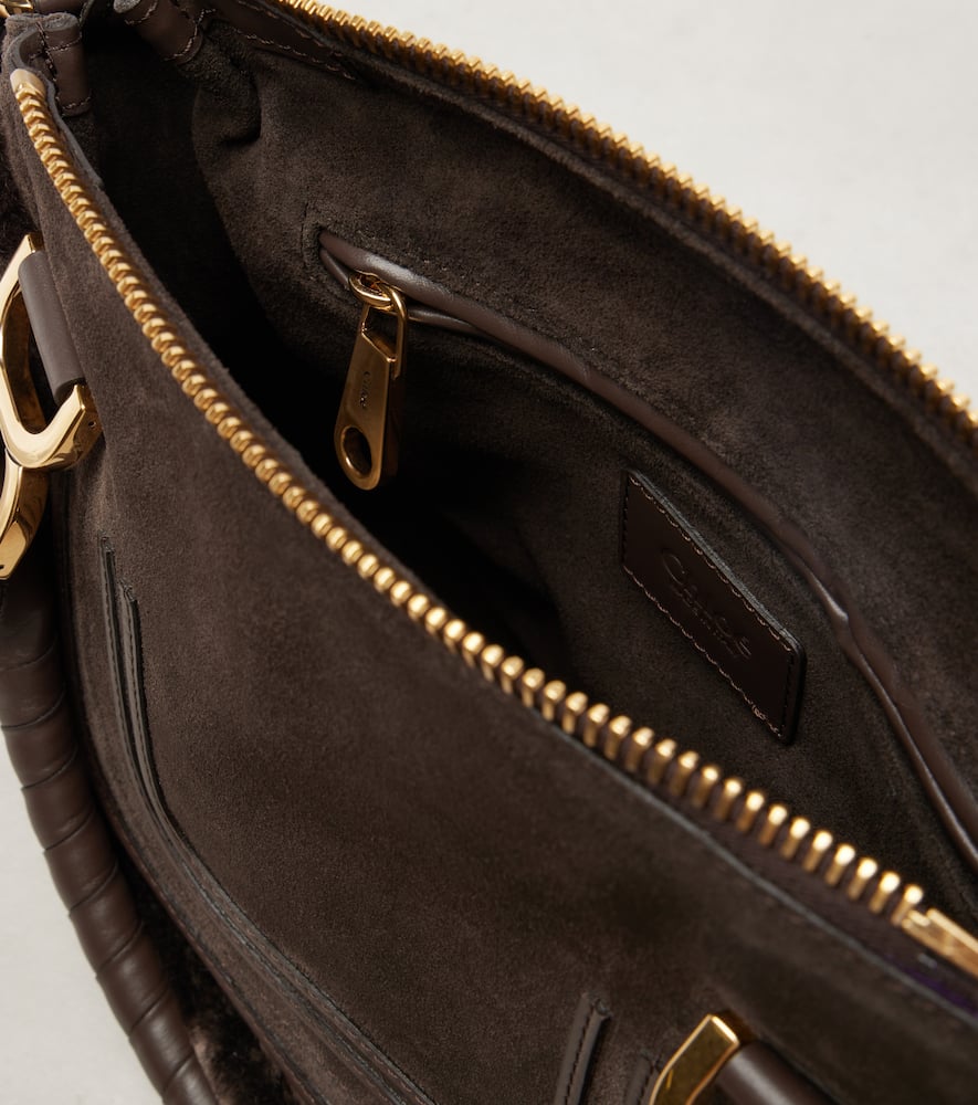 Chloé Marcie Small Shearling-trimmed Suede Tote Bag In Brown