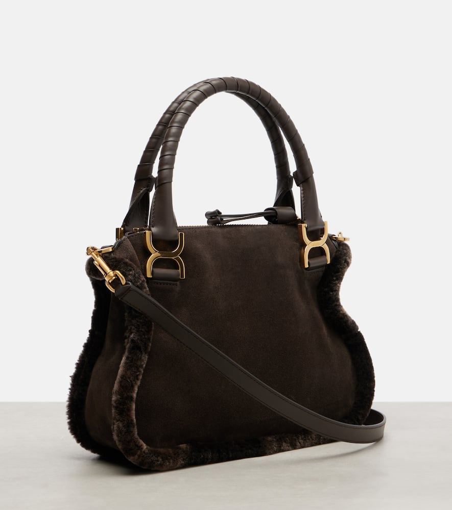 Chloé Marcie Small Shearling-trimmed Suede Tote Bag In Brown