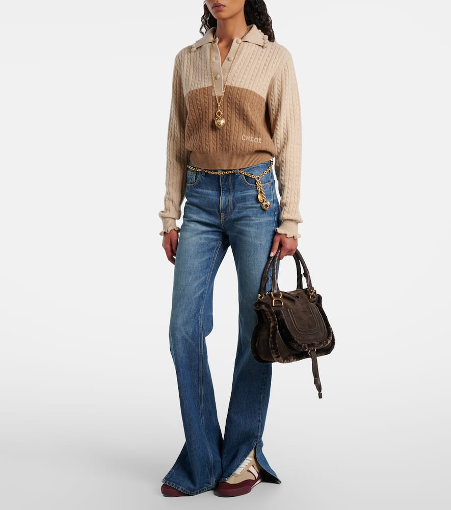 Chloé Marcie Small Shearling-trimmed Suede Tote Bag In Brown