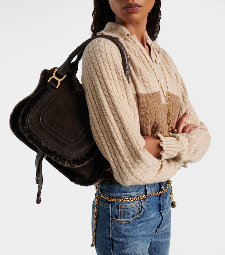 Chloé Marcie Small Shearling-trimmed Suede Tote Bag In Brown
