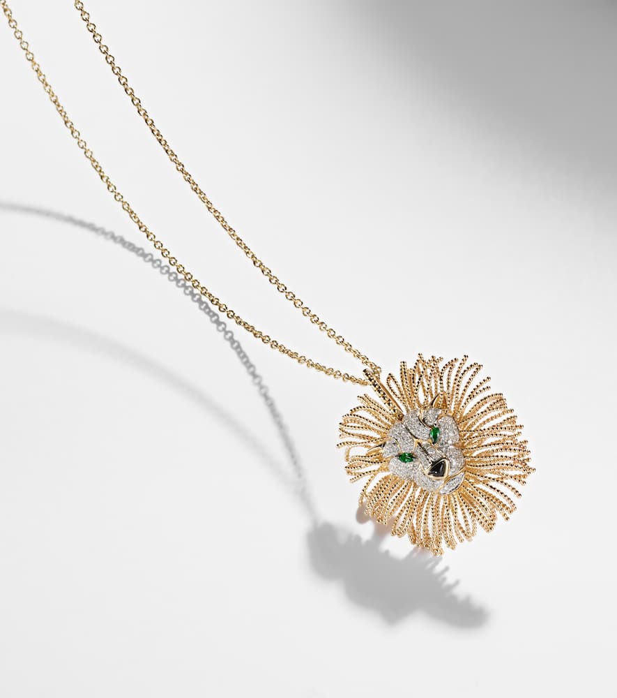 Yvonne Léon Broche Lion 9kt Gold Pendant Necklace With Diamonds, Tsavorites, And Onyx In Gold