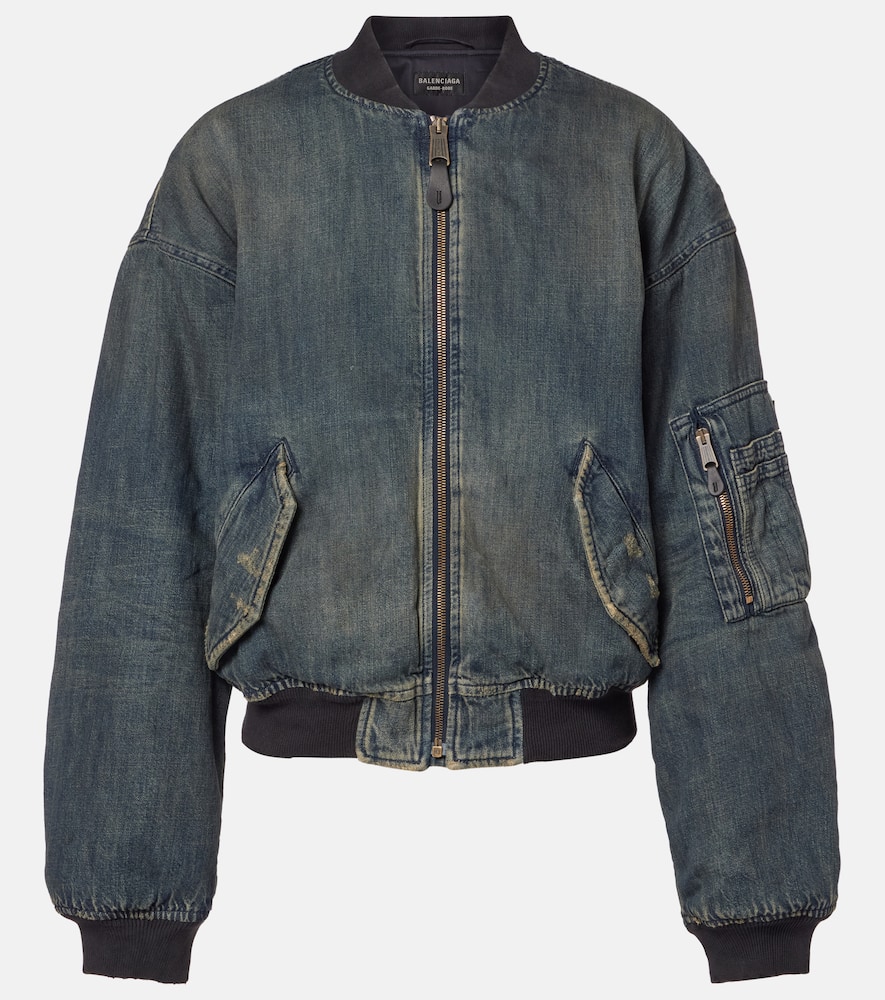 Balenciaga Distressed Denim Bomber Jacket In Blue