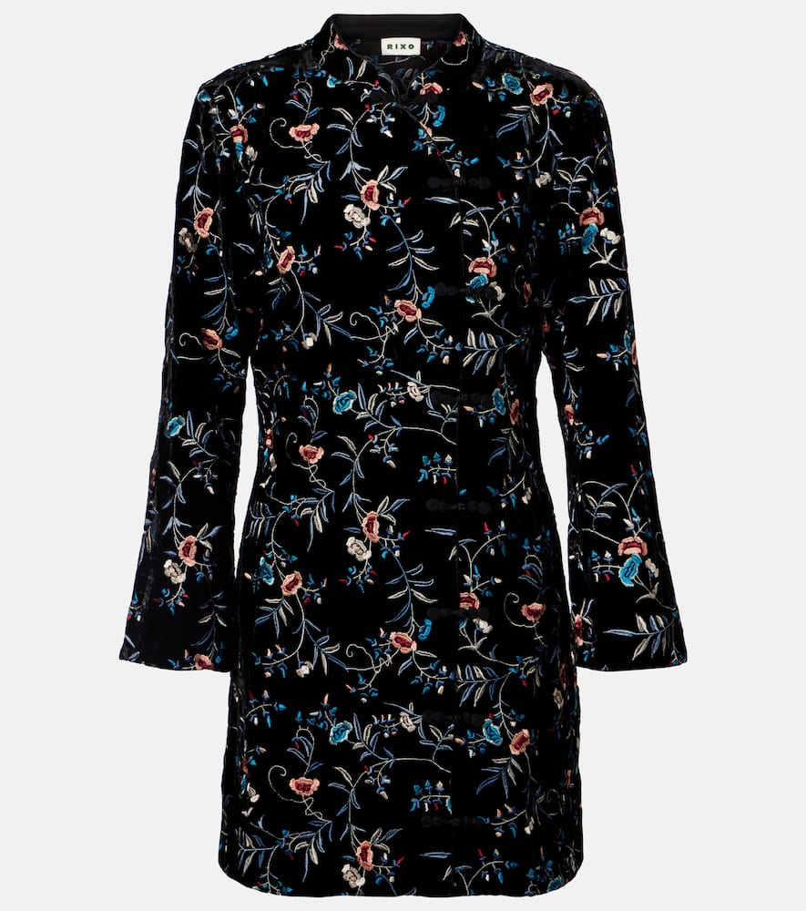 Rixo London Delphina Embroidered Velvet Minidress In Black