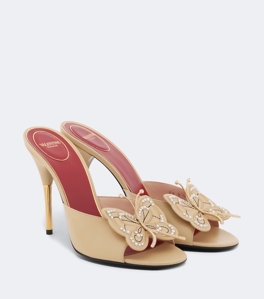 Valentino Garavani Women's Beige Flutterby Embellished Leather Mules UK Size 6.5 - Mytheresa