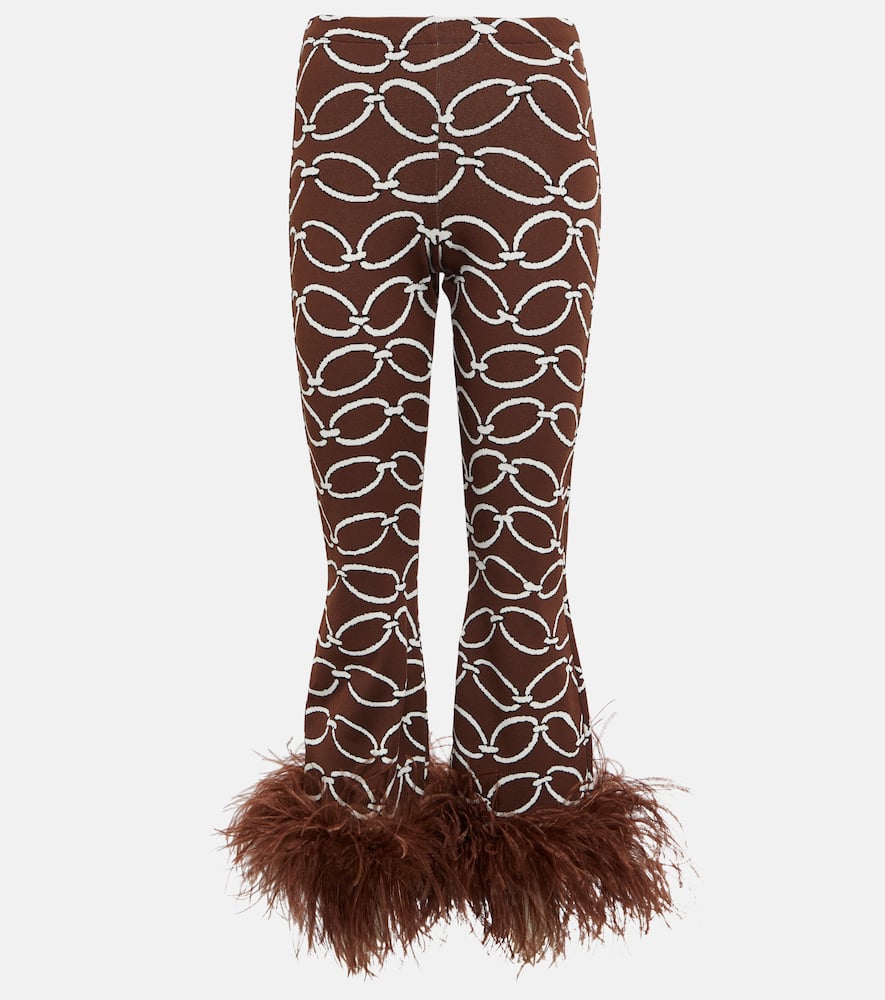 Valentino Feather-trim Chain-print Trousers In Braun