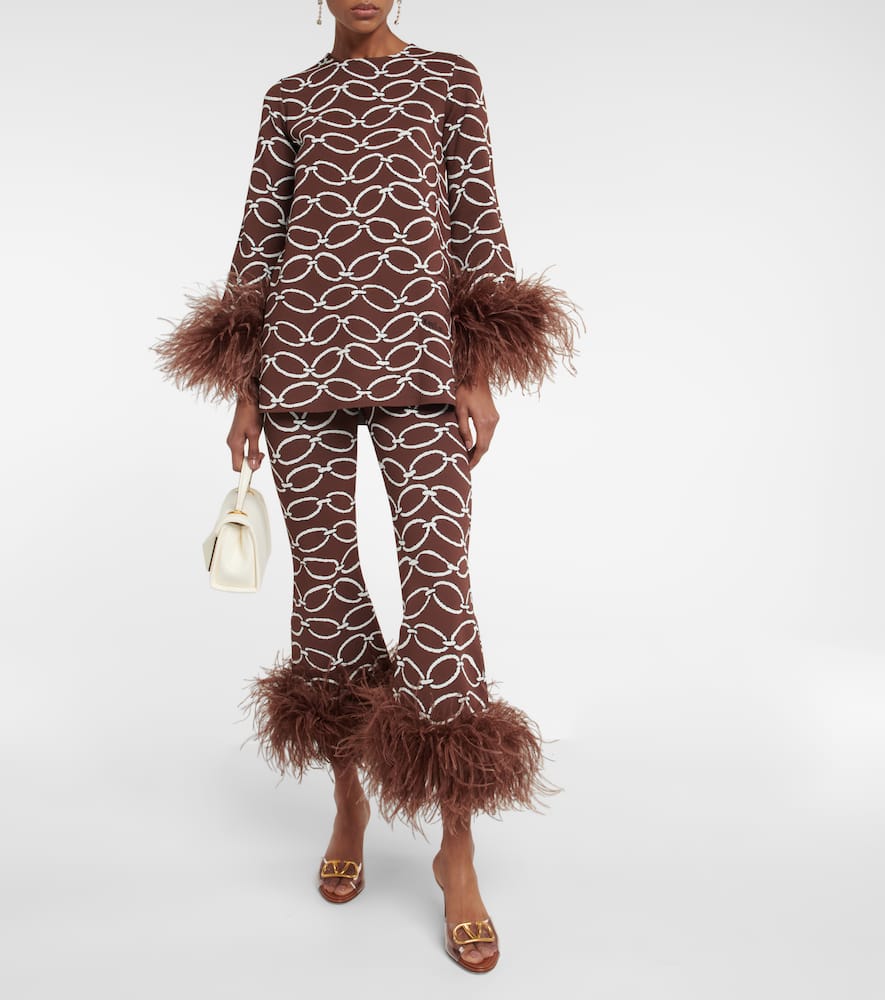 Valentino Feather-trim Chain-print Trousers In Braun