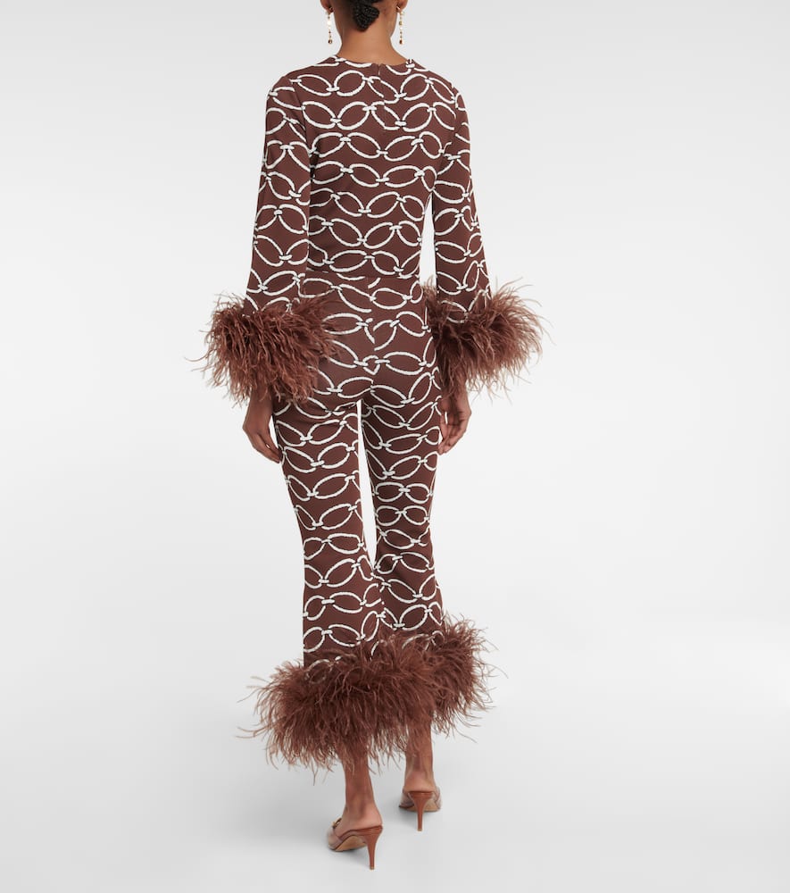 Valentino Feather-trim Chain-print Trousers In Braun