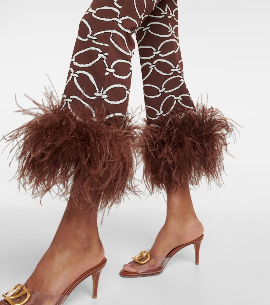 Valentino Feather-trim Chain-print Trousers In Braun
