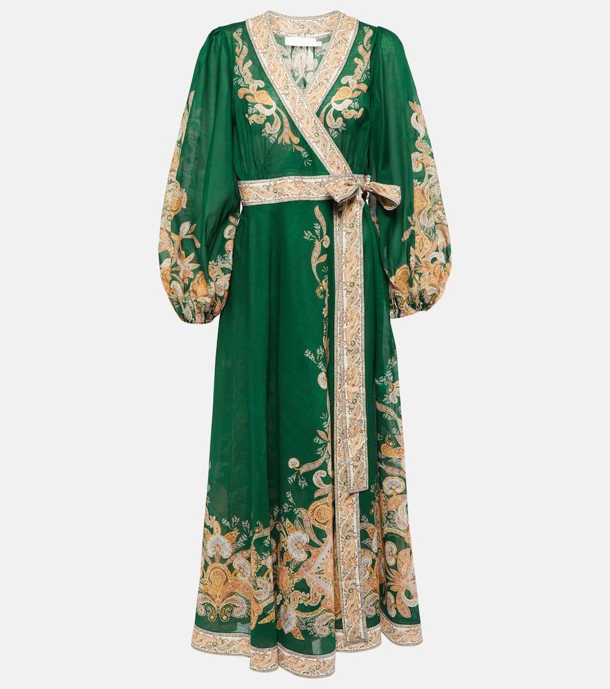 Zimmermann Devi Belted Paisley-print Cotton-voile Midi Wrap Dress In Green