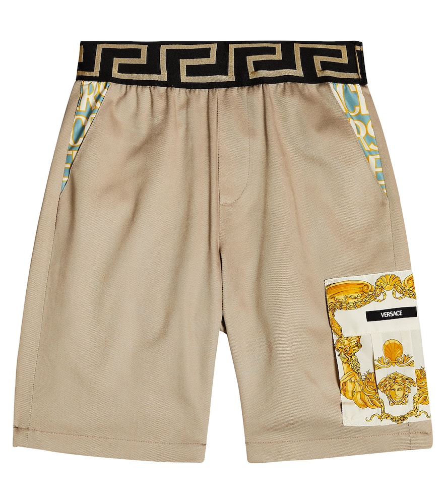 Shop Versace Greca Cotton Shorts In Beige