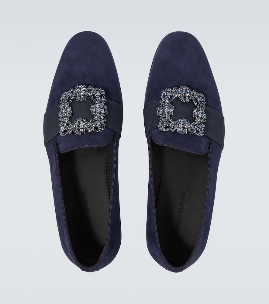Manolo Blahnik Carlton Crystal-embellished Grosgrain-trimmed Suede Loafers In Blue