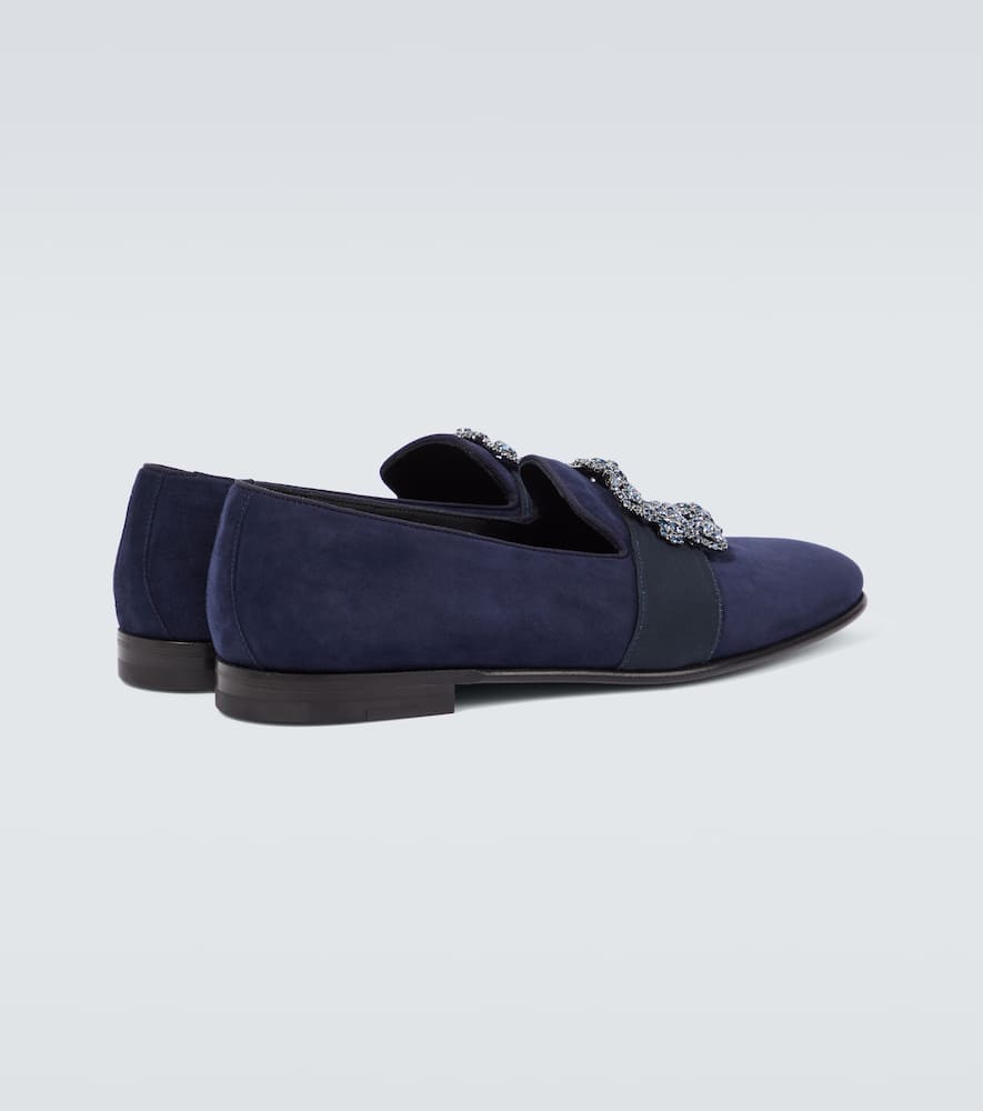 Manolo Blahnik Carlton Crystal-embellished Grosgrain-trimmed Suede Loafers In Blue