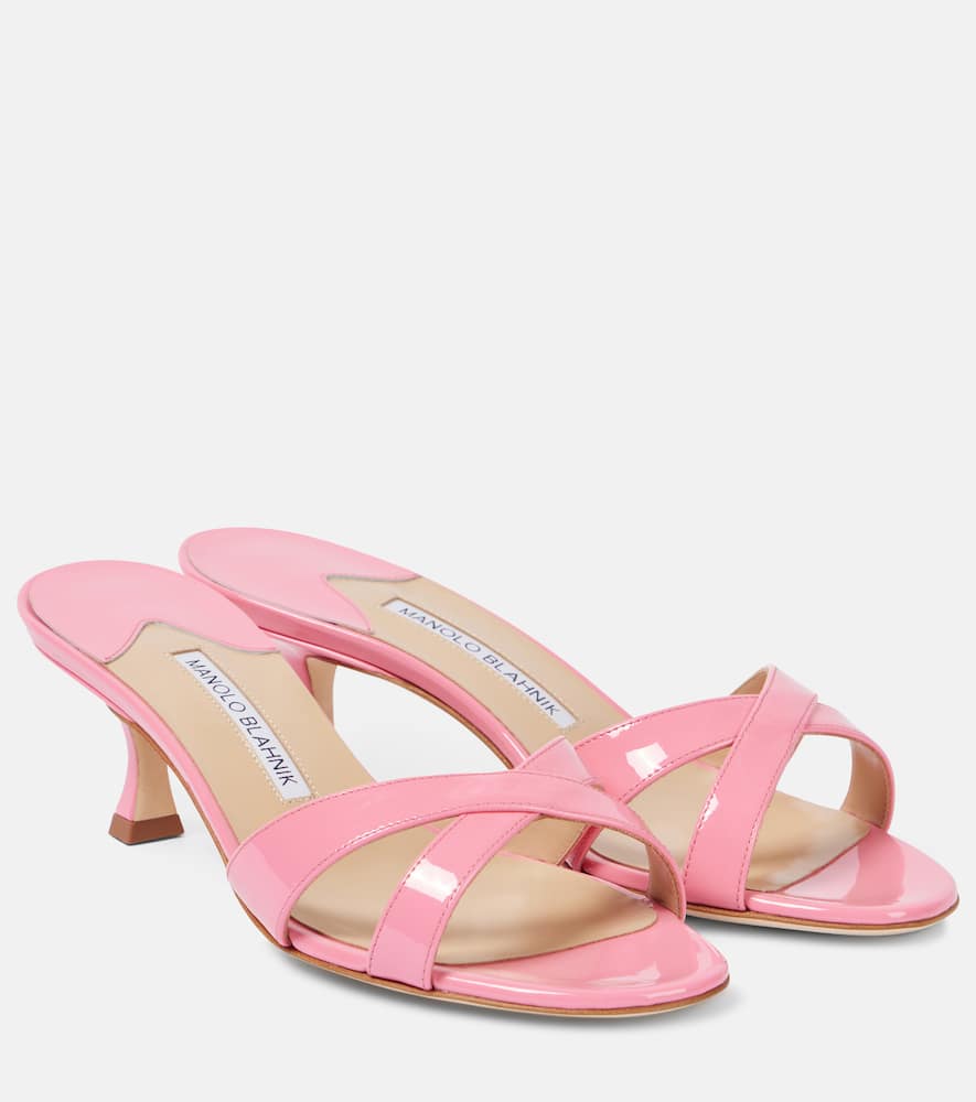 Manolo Blahnik Patent Leather Crisscross Slide Sandals In Pink