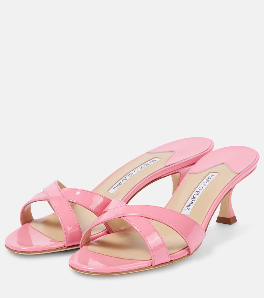Manolo Blahnik Patent Leather Crisscross Slide Sandals In Pink