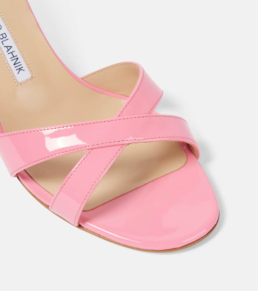 Manolo Blahnik Patent Leather Crisscross Slide Sandals In Pink