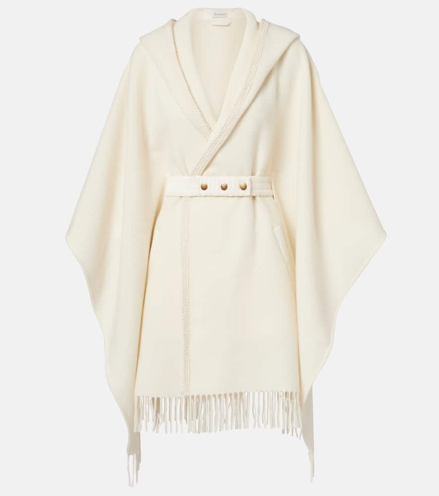 Moncler Belted Fringed Virgin Wool Cape In White