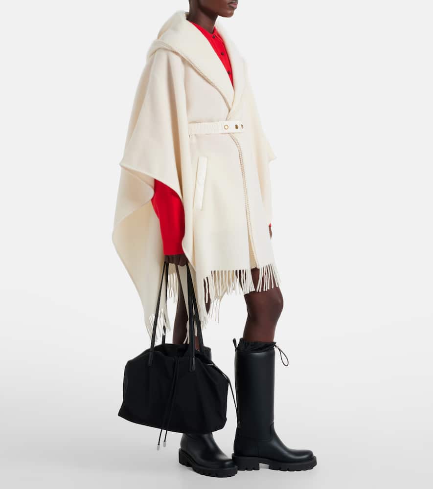 Moncler Belted Fringed Virgin Wool Cape In White