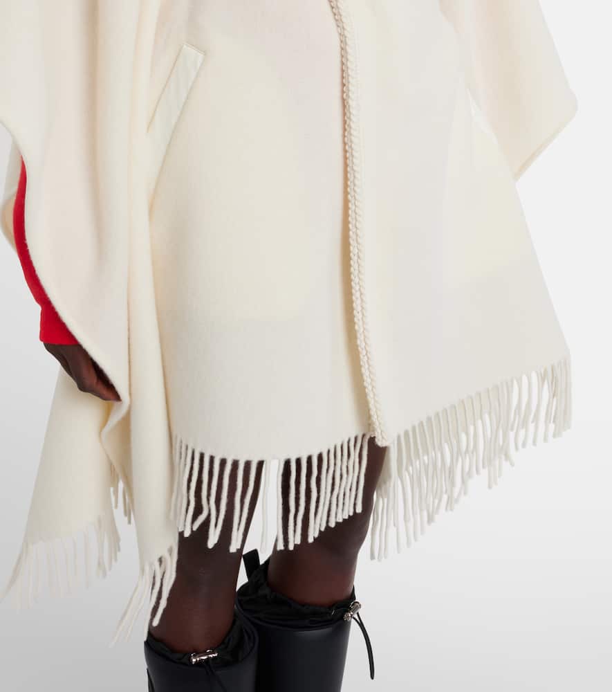 Moncler Belted Fringed Virgin Wool Cape In White