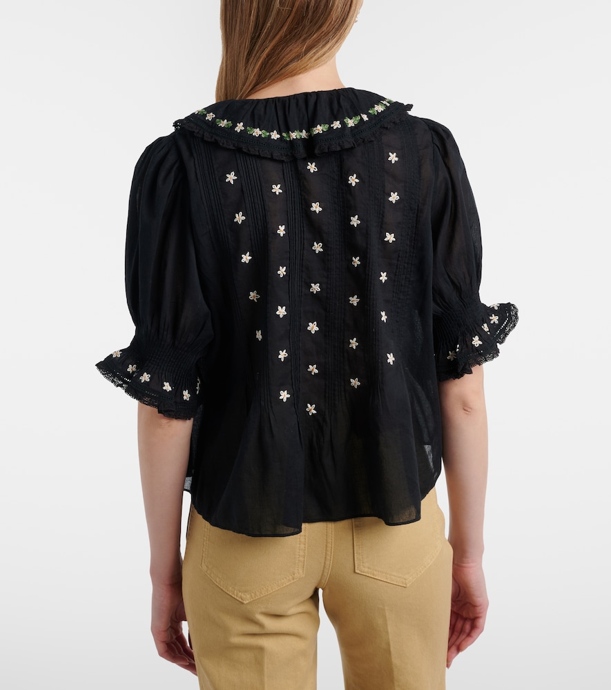 Dôen Hettie Floral Embroidered Ruffled Cotton Blouse
