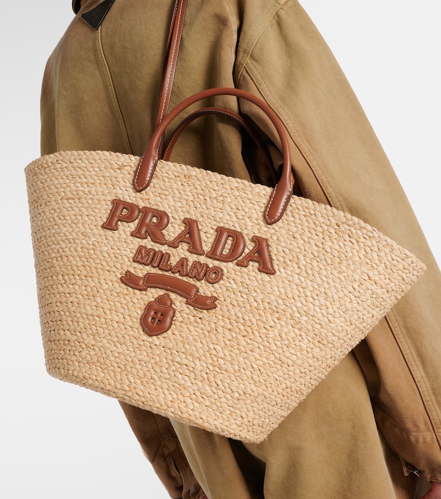 Prada Logo Leather-trimmed Raffia Basket Bag In Beige