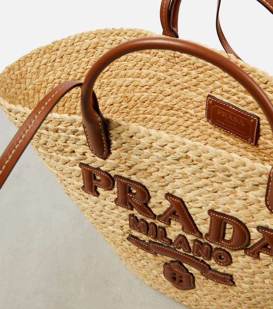 Prada Logo Leather-trimmed Raffia Basket Bag In Beige