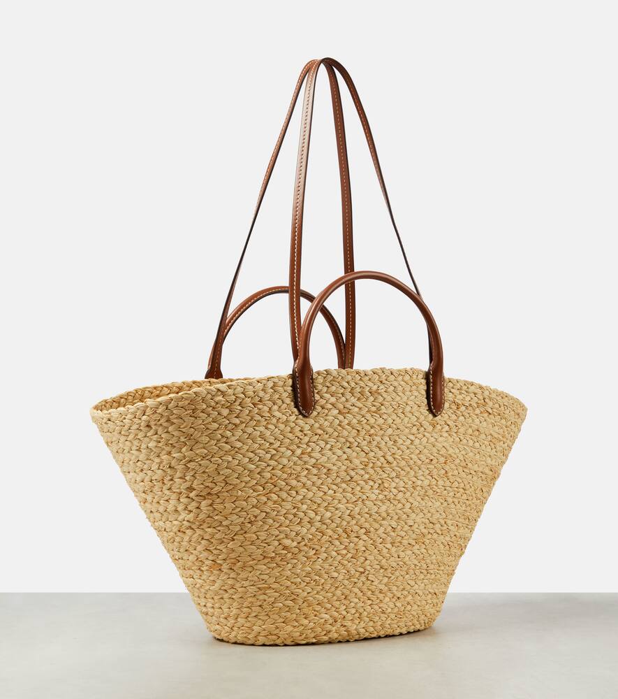 Prada Logo Leather-trimmed Raffia Basket Bag In Beige