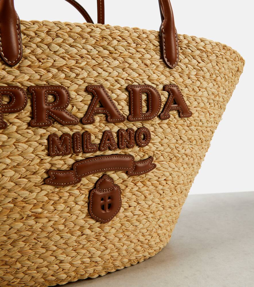 Prada Logo Leather-trimmed Raffia Basket Bag In Beige