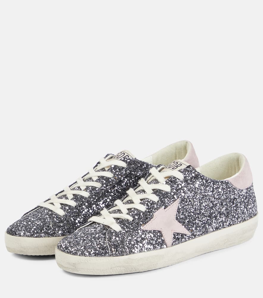 Golden Goose Ballstar Sneakers In Laminated Leather And Glitter In Gray