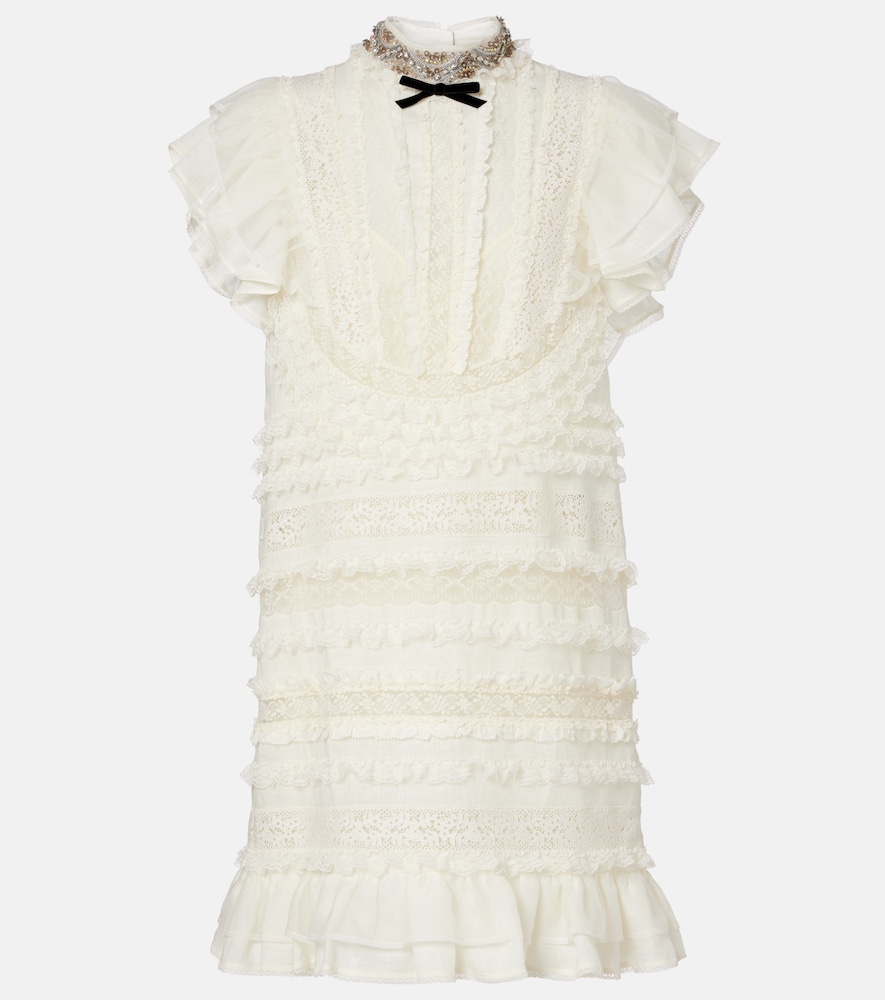 Valentino Women's White Ruffled Lace And Linen Minidress UK Size 10 - Mytheresa