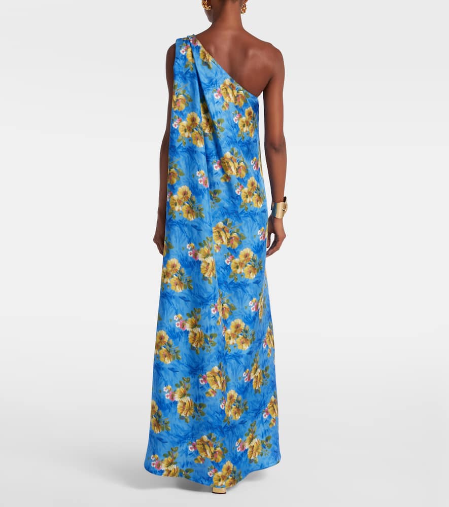La Doublej Roy One-shoulder Belted Floral-print Silk-twill Maxi Dress In Blue