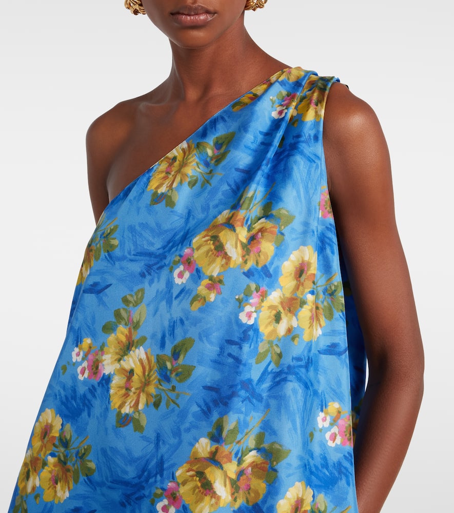 La Doublej Roy One-shoulder Belted Floral-print Silk-twill Maxi Dress In Blue