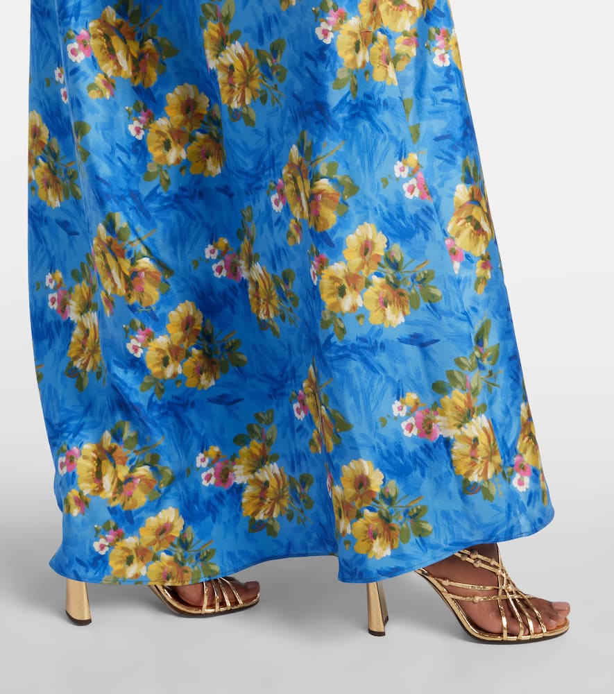 La Doublej Roy One-shoulder Belted Floral-print Silk-twill Maxi Dress In Blue