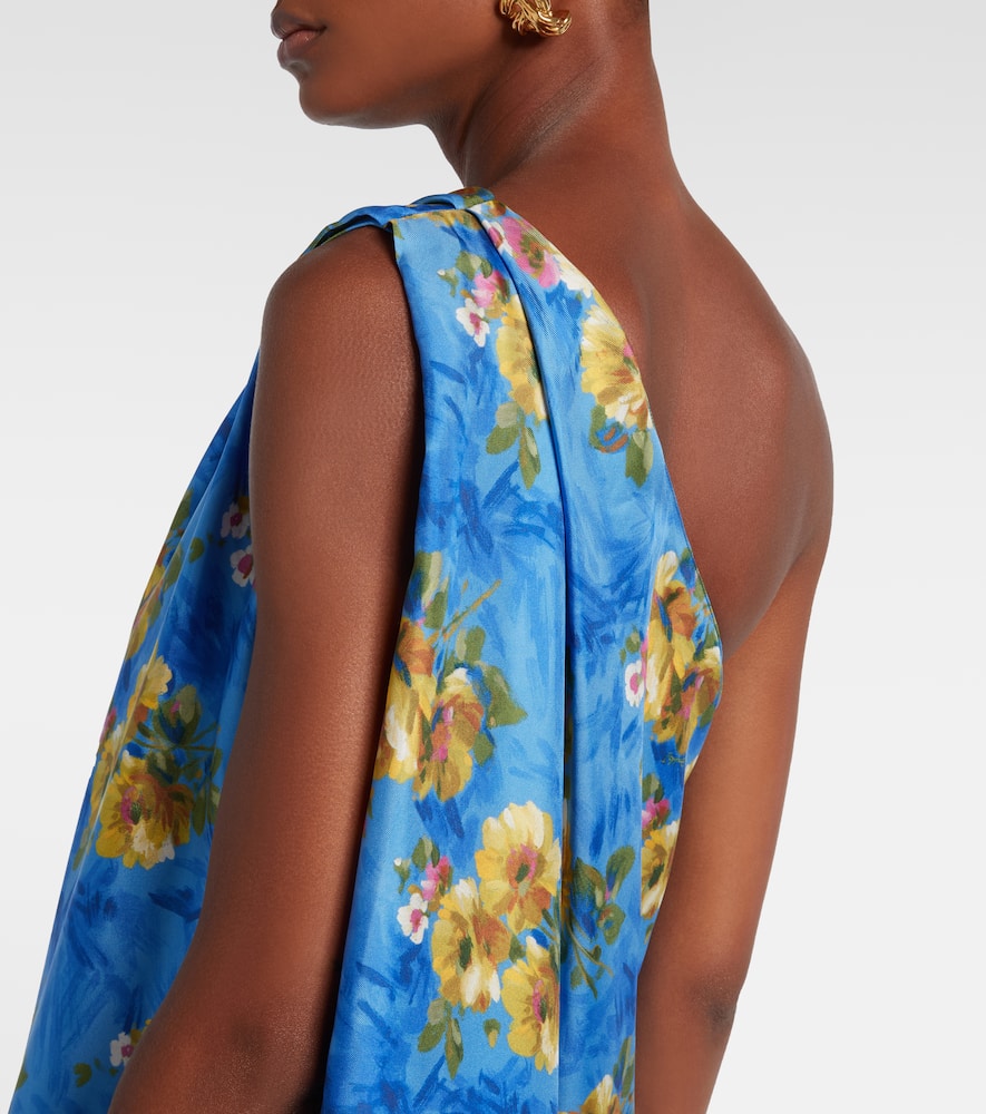 La Doublej Roy One-shoulder Belted Floral-print Silk-twill Maxi Dress In Blue