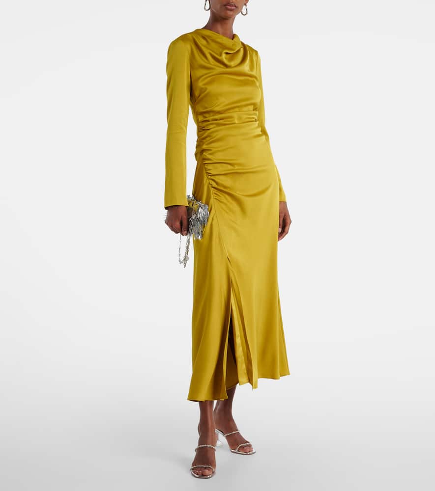 Simkhai Odessa Draped Gathered Satin Midi Dress In Green