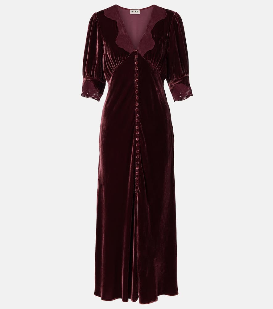 Rixo London Simone Lace-trimmed Velvet Midi Dress In Burgundy