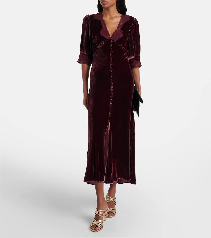 Rixo London Simone Lace-trimmed Velvet Midi Dress In Burgundy