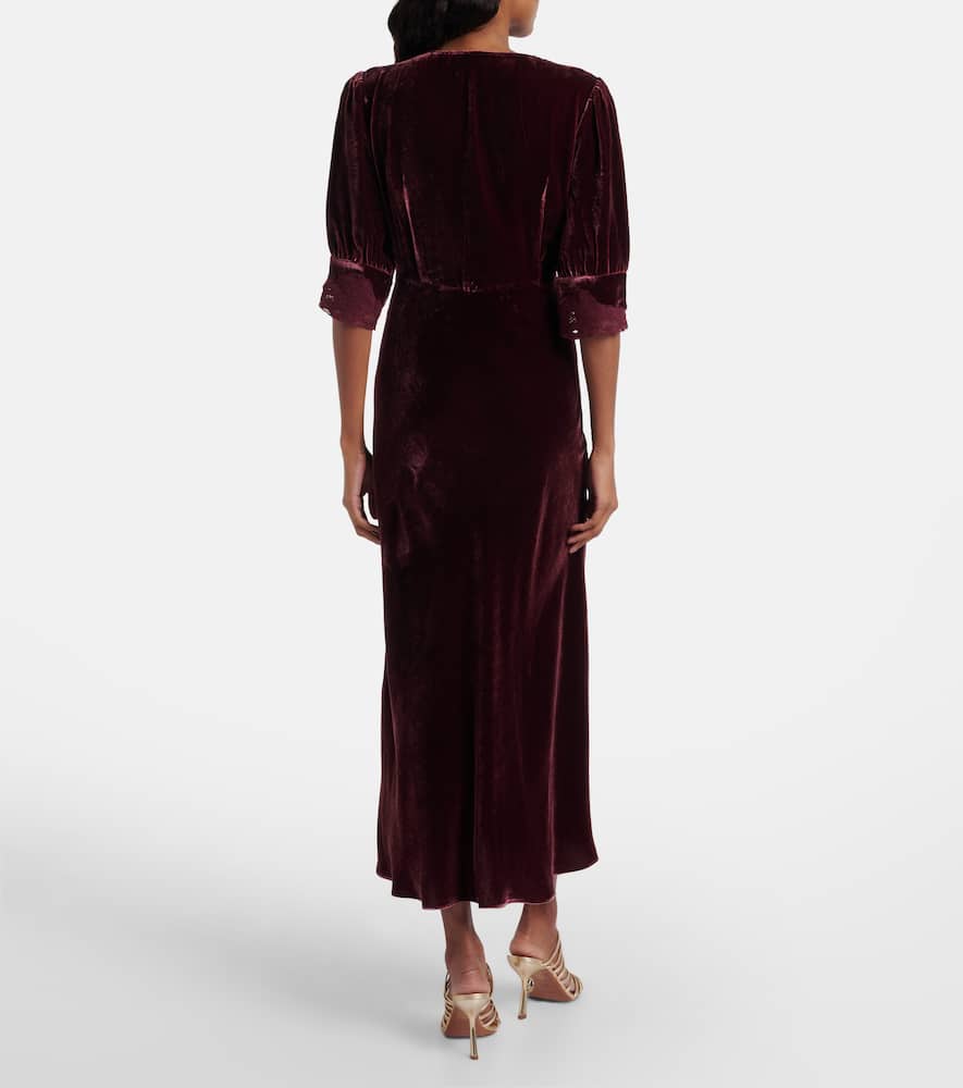 Rixo London Simone Lace-trimmed Velvet Midi Dress In Burgundy