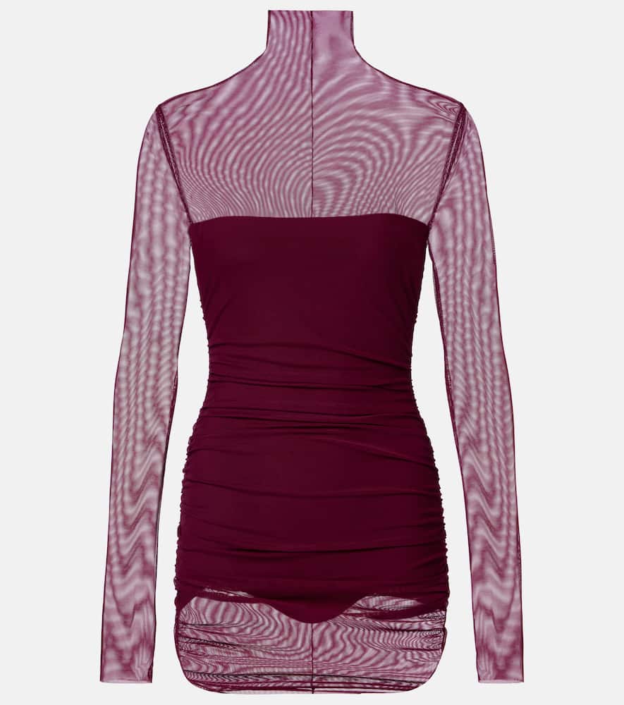 Norma Kamali Ruched Mesh Minidress In Purple