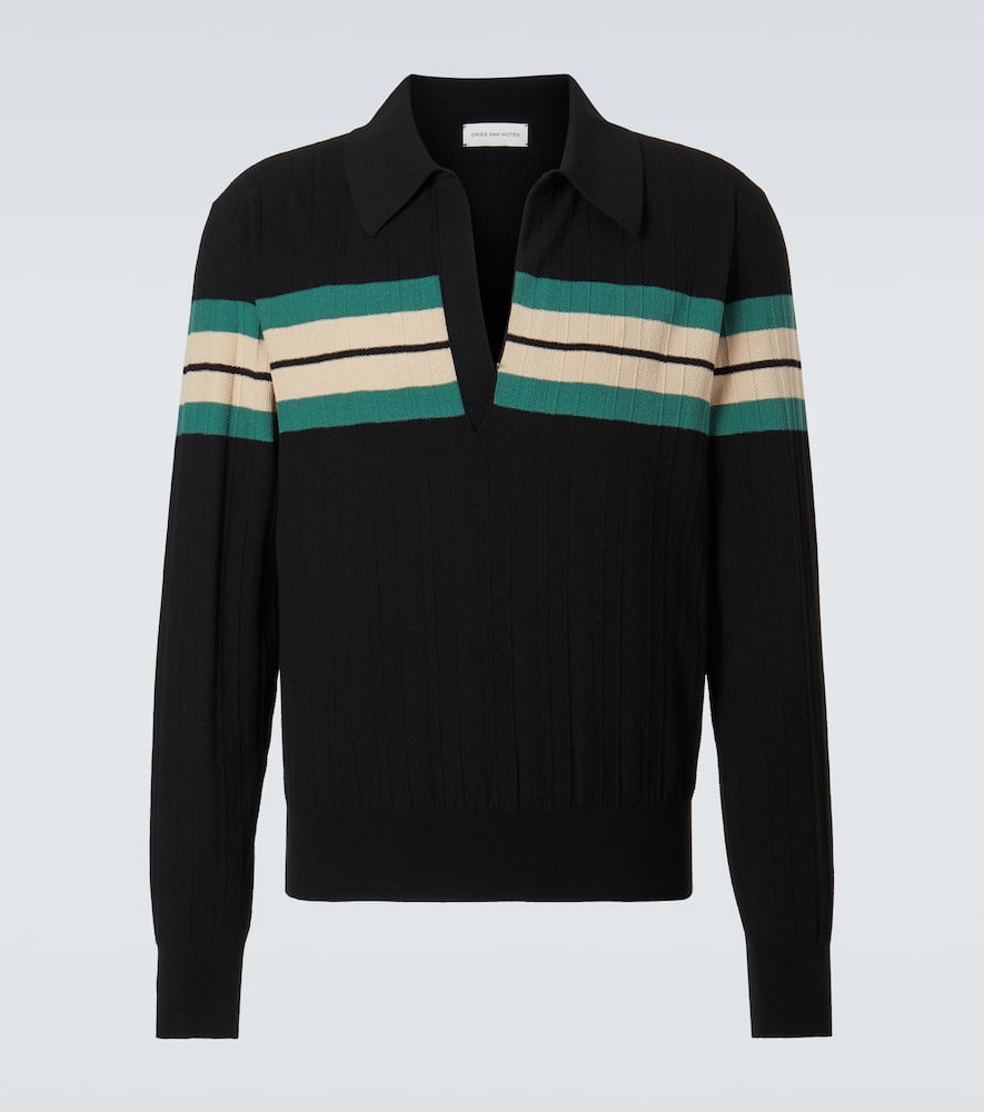 Dries Van Noten Striped Polo Sweater In Black