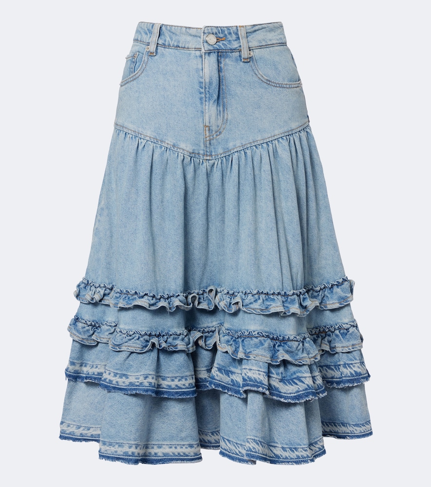 Ganni Ruffled denim midi skirt