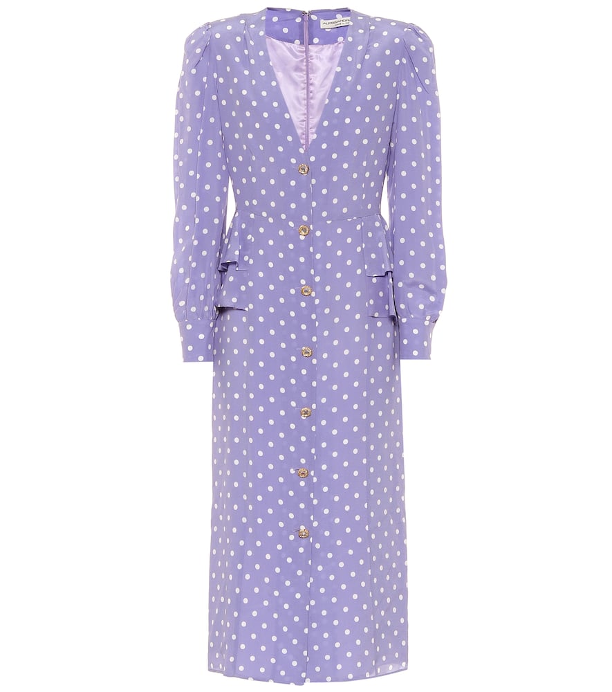 Click to view more detailed imagery on our partner's website Alessandra Rich Embellished Ruffled Polka-dot Silk Crepe De Chine Midi Dress In Lilac