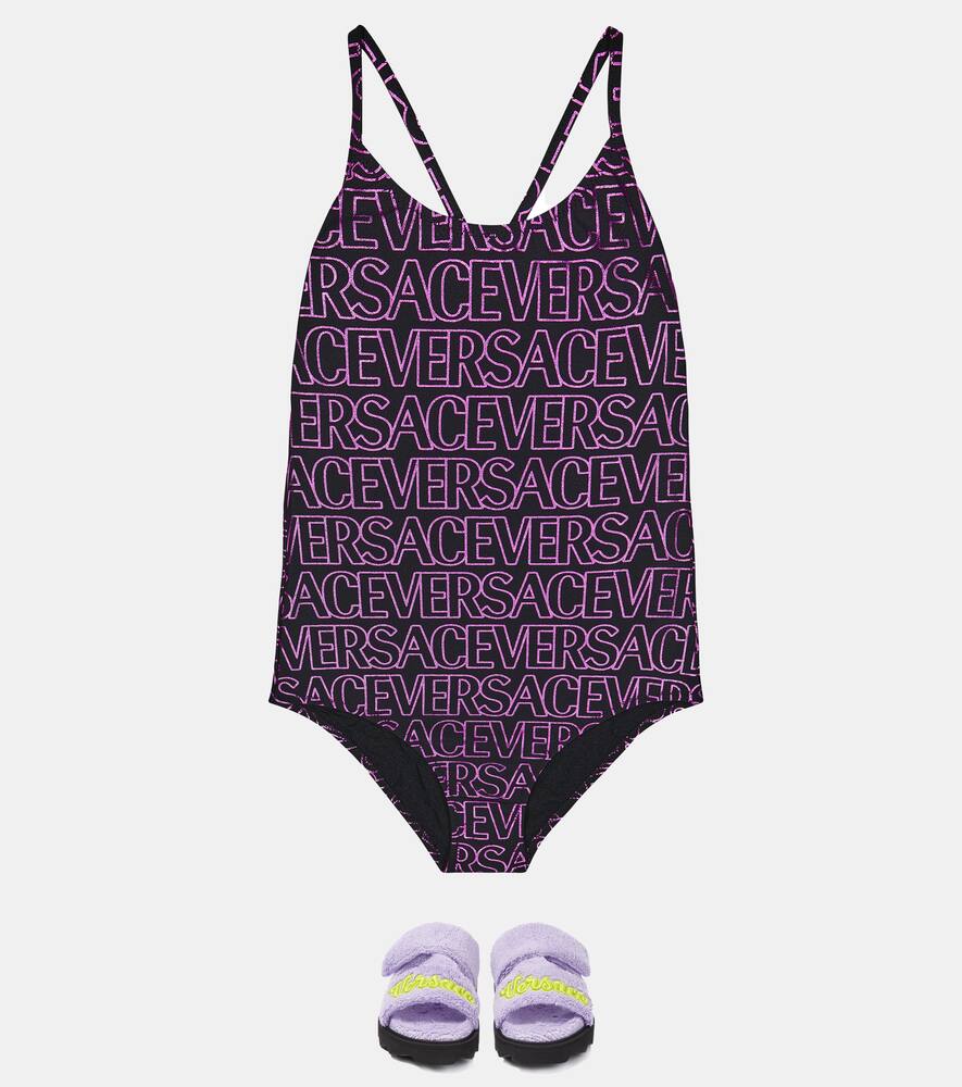 Shop Versace Appliqué Toweling Sandals In Purple