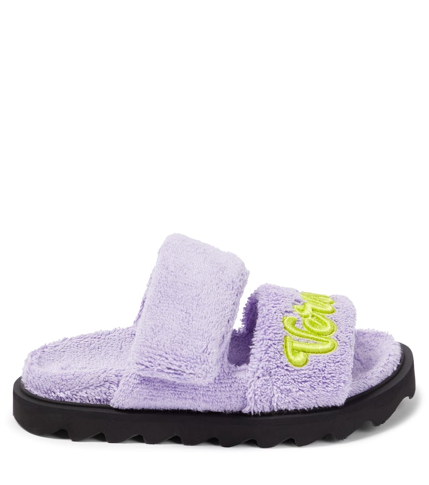 Shop Versace Appliqué Toweling Sandals In Purple