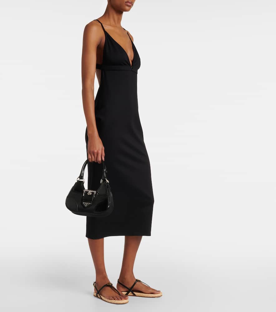 Prada Triangle Logo Raffia And Leather Flat Sandals In Black