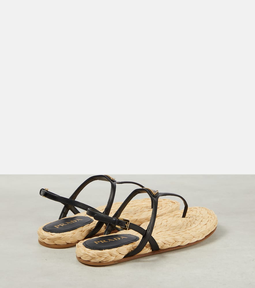 Prada Triangle Logo Raffia And Leather Flat Sandals In Black