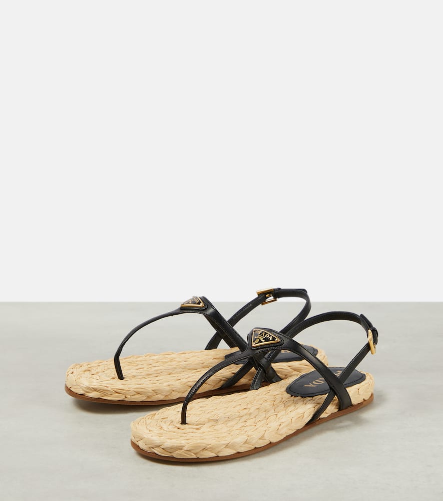 Prada Triangle Logo Raffia And Leather Flat Sandals In Black