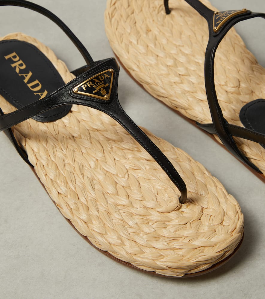 Prada Triangle Logo Raffia And Leather Flat Sandals In Black