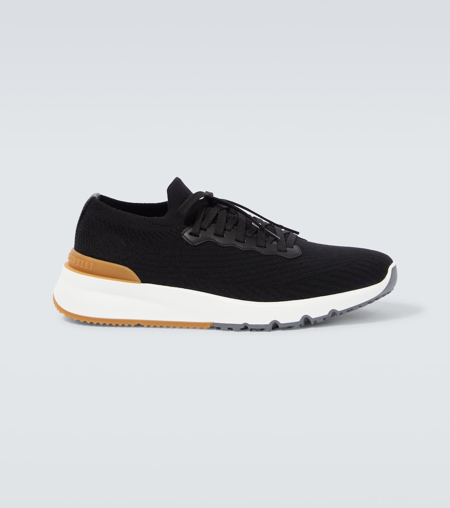 Shop Brunello Cucinelli Leather-trimmed Knit Sneakers In Black