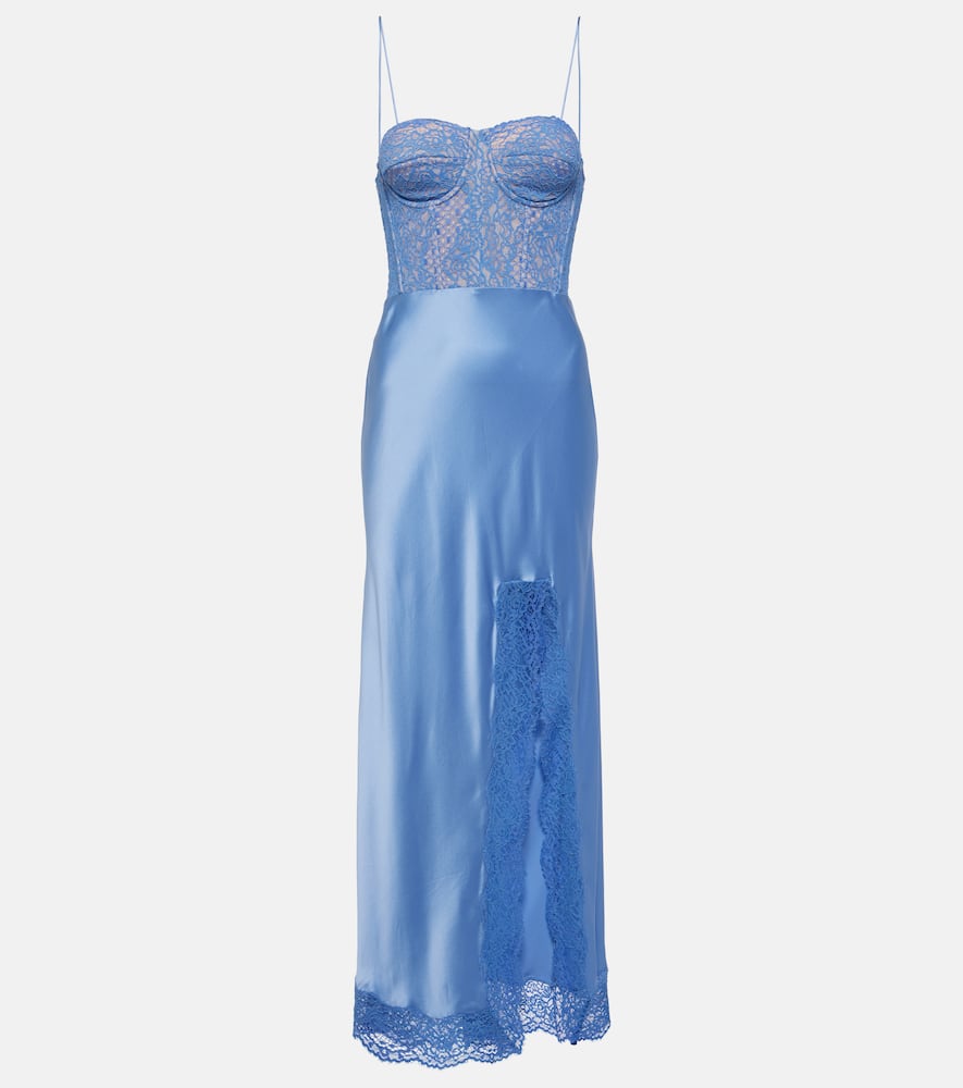 Shop Rebecca Vallance Larisa Lace-trimmed Silk Maxi Dress In Blue